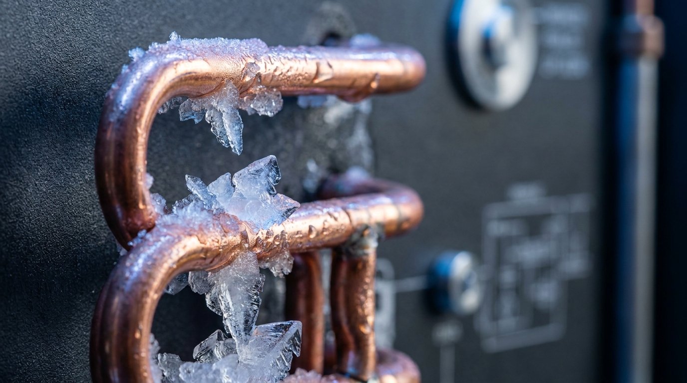 Tubería de cobre de refrigeración cubierta de escarcha, con instrumental técnico al fondo